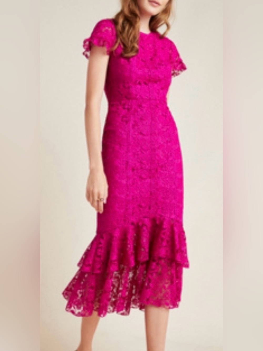 Monique Ihuillier Dress Fuchsia Lace Midi Dress with Ruffle Hem size 12
